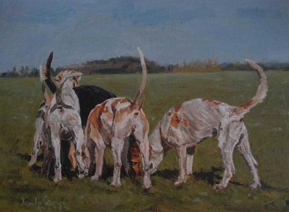 South Dorset Hounds, oil on linen, by Katie Scorgie